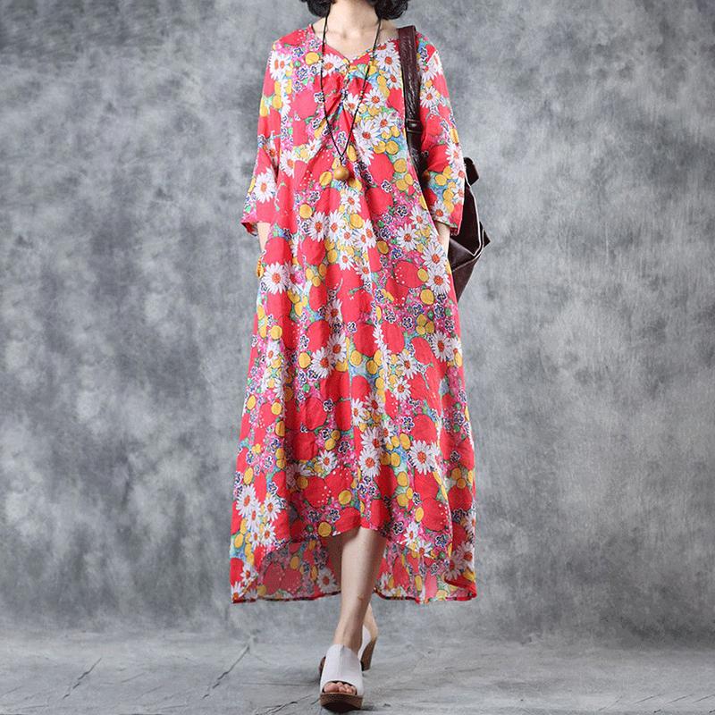 Ramie V-Neck Print Linen Women Dress
