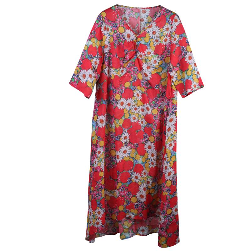Ramie V-Neck Print Linen Women Dress