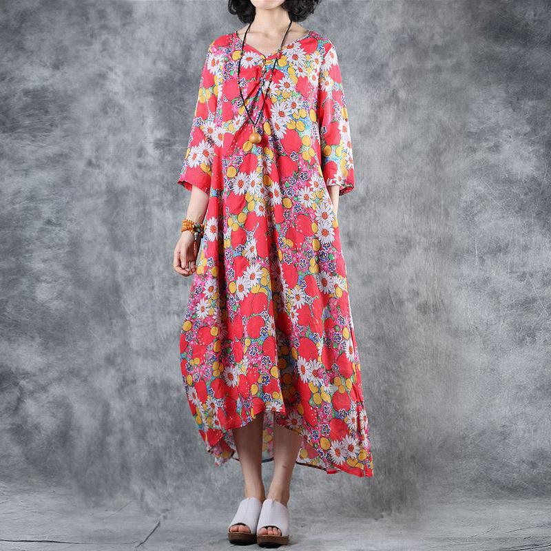 Ramie V-Neck Print Linen Women Dress