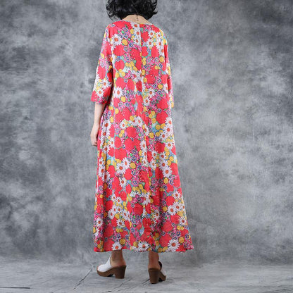 Ramie V-Neck Print Linen Women Dress