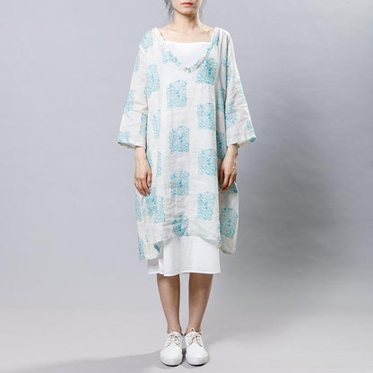 Ramie Vintage V-Neck Print Women Dress