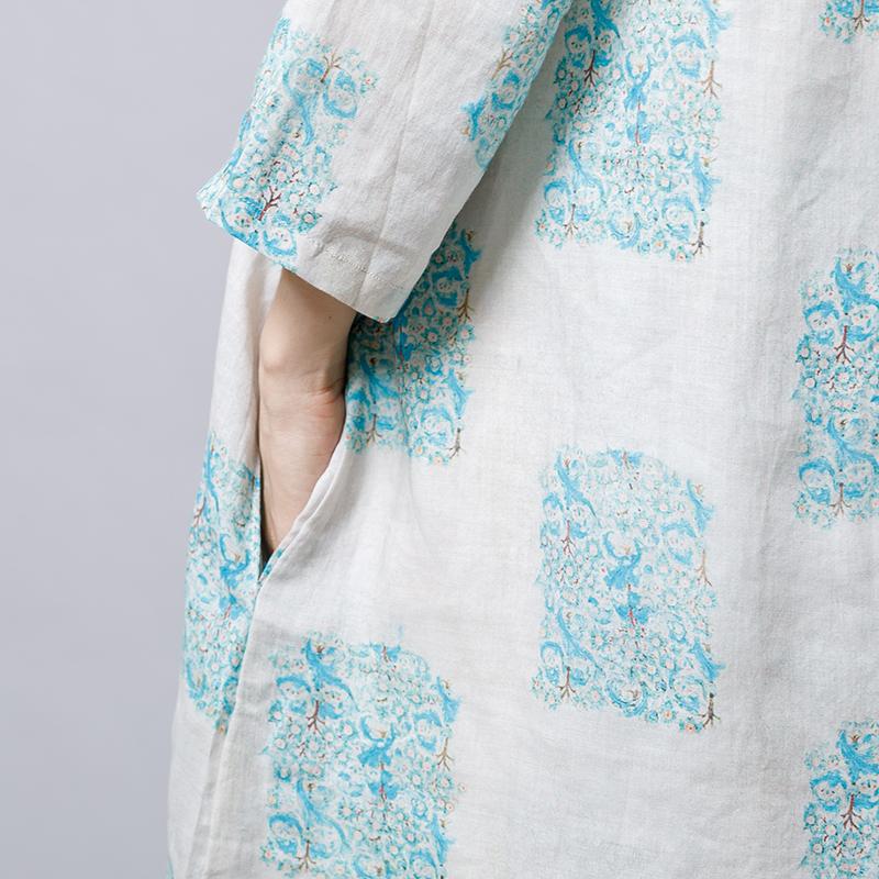 Ramie Vintage V-Neck Print Women Dress