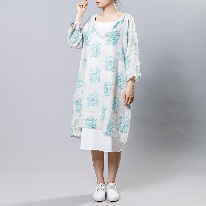 Ramie Vintage V-Neck Print Women Dress