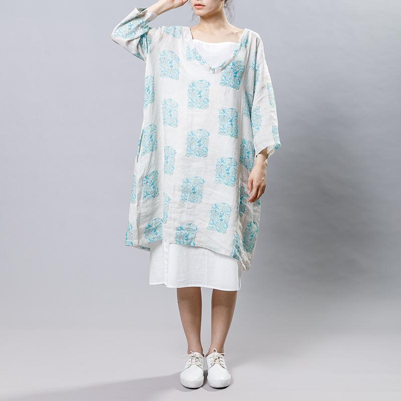 Ramie Vintage V-Neck Print Women Dress