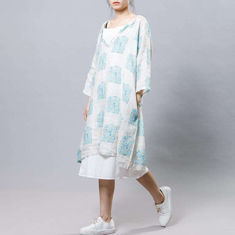 Ramie Vintage V-Neck Print Women Dress