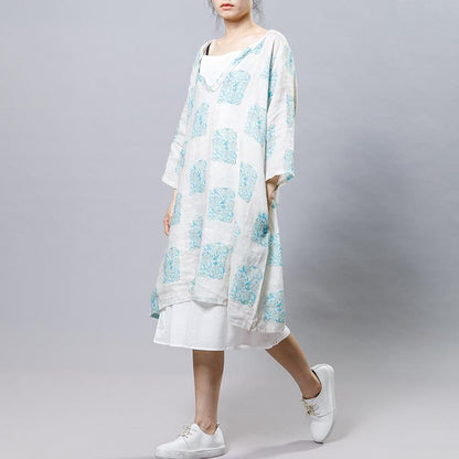 Ramie Vintage V-Neck Print Women Dress
