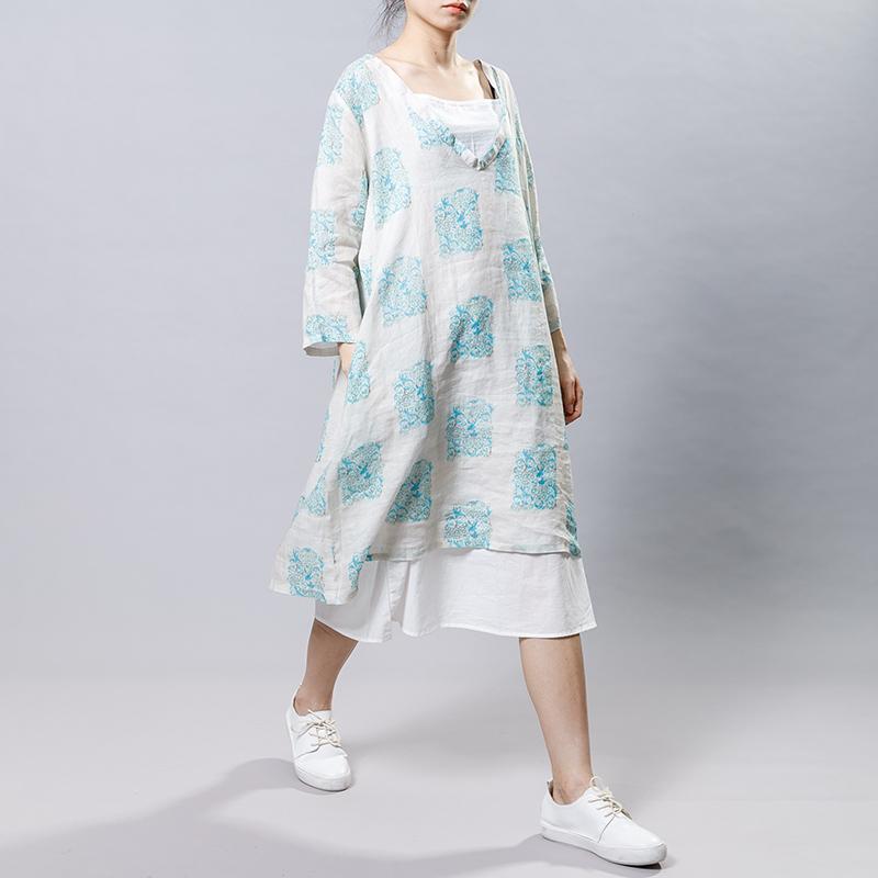 Ramie Vintage V-Neck Print Women Dress