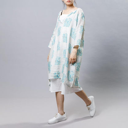 Ramie Vintage V-Neck Print Women Dress