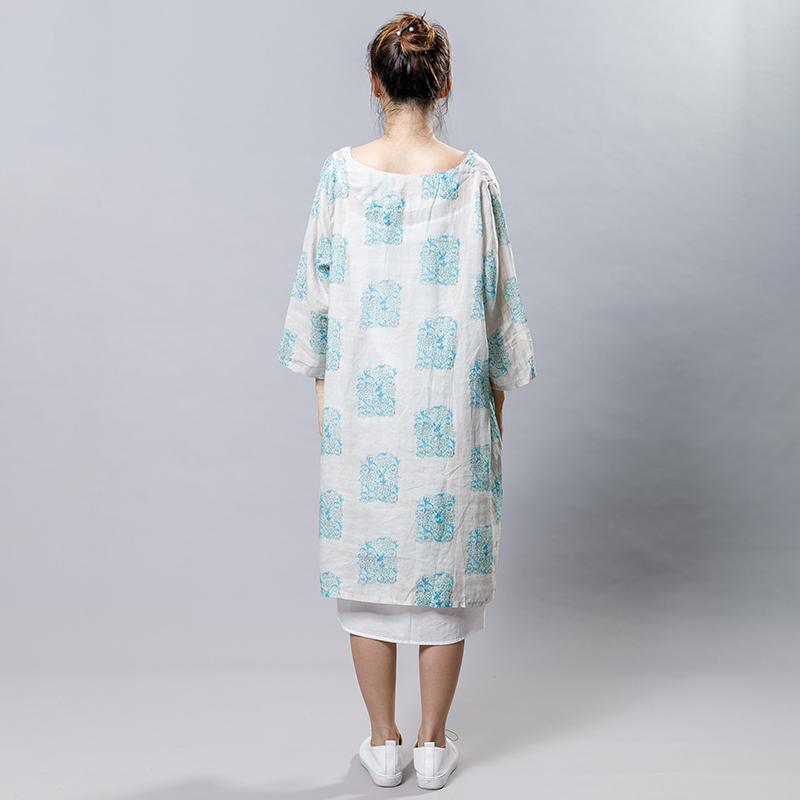 Ramie Vintage V-Neck Print Women Dress