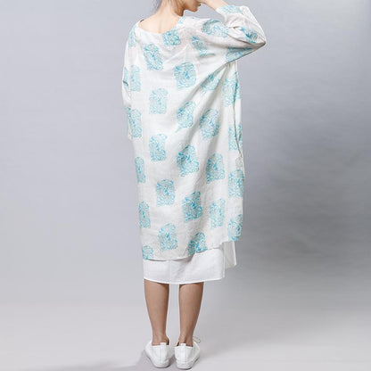 Ramie Vintage V-Neck Print Women Dress