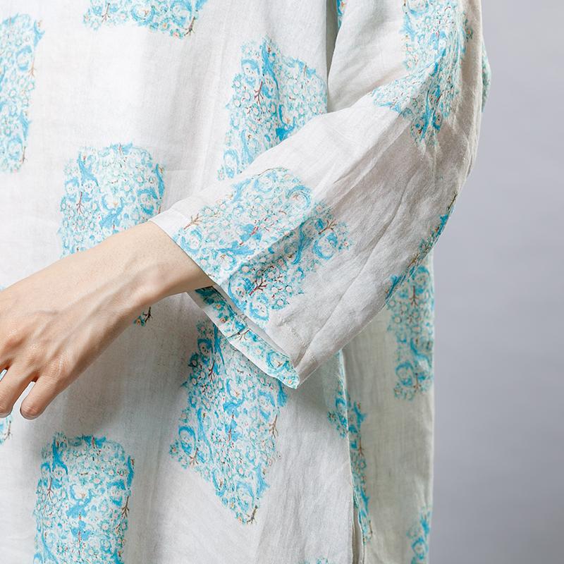 Ramie Vintage V-Neck Print Women Dress