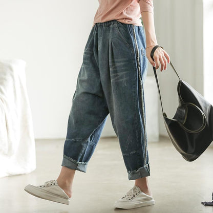Raw Edge Retro Loose Literary Elastic Waist Jeans