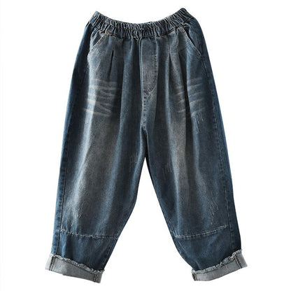 Raw Edge Retro Loose Literary Elastic Waist Jeans