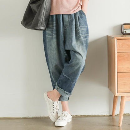 Raw Edge Retro Loose Literary Elastic Waist Jeans
