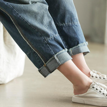 Raw Edge Retro Loose Literary Elastic Waist Jeans