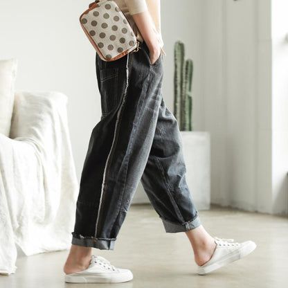 Raw Edge Retro Loose Literary Elastic Waist Jeans