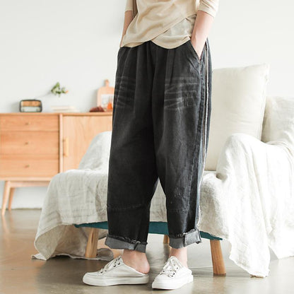 Raw Edge Retro Loose Literary Elastic Waist Jeans