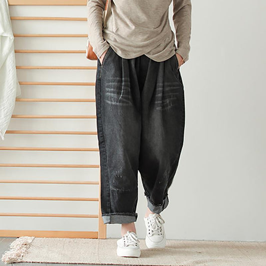 Raw Edge Retro Loose Literary Elastic Waist Jeans