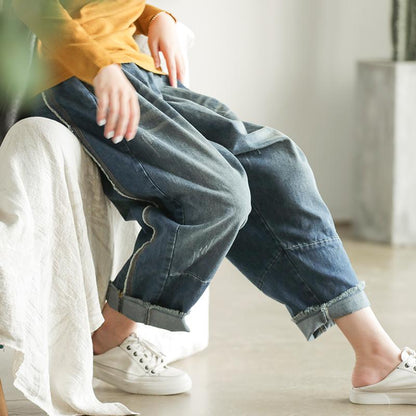 Raw Edge Retro Loose Literary Elastic Waist Jeans