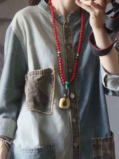 Retro Camouflage Patchwork Loose Denim Rompers
