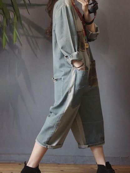 Retro Camouflage Patchwork Loose Denim Rompers