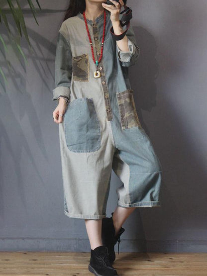 Retro Camouflage Patchwork Loose Denim Rompers