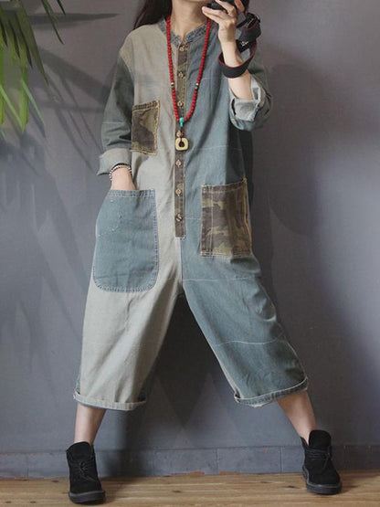 Retro Camouflage Patchwork Loose Denim Rompers