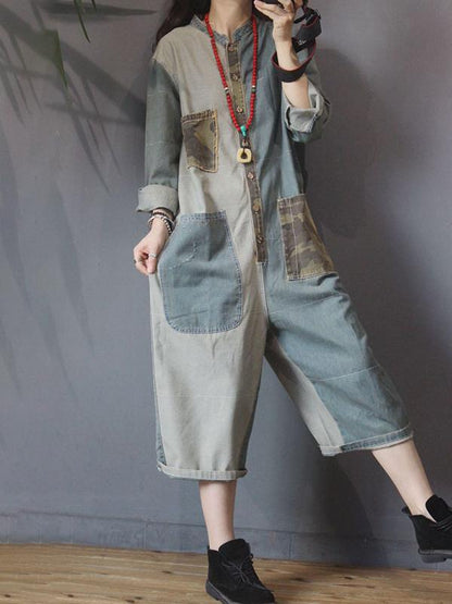 Retro Camouflage Patchwork Loose Denim Rompers
