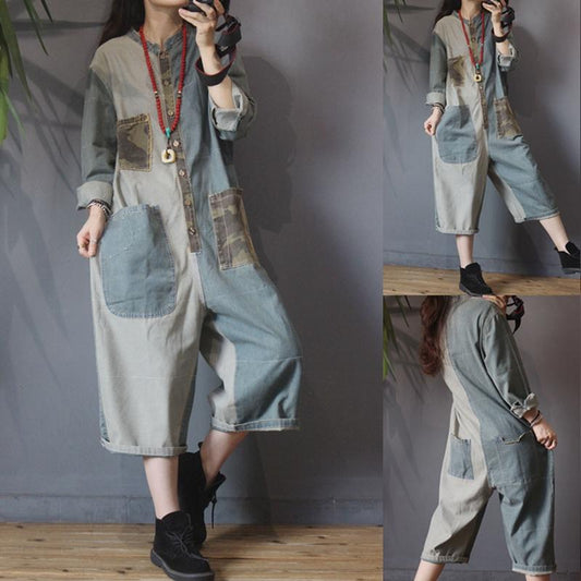 Retro Camouflage Patchwork Loose Denim Rompers