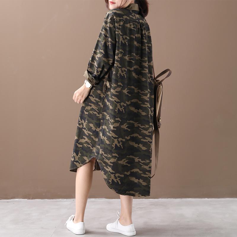 Retro Camouflage Polo Collar Loose Shirt Dress