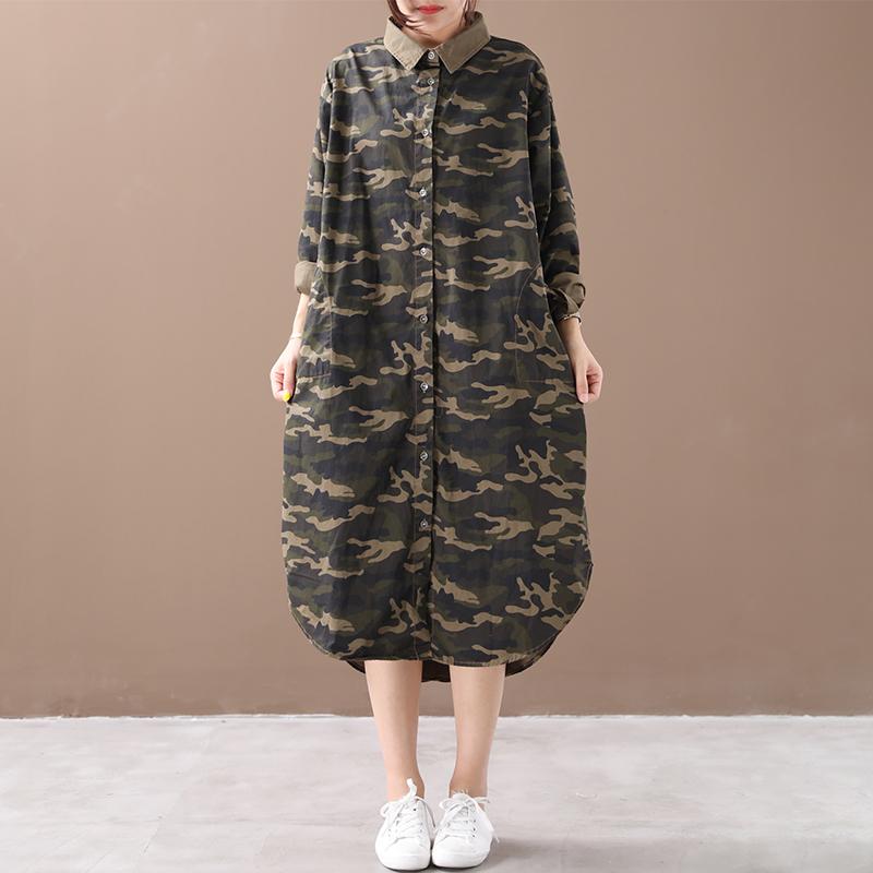 Retro Camouflage Polo Collar Loose Shirt Dress