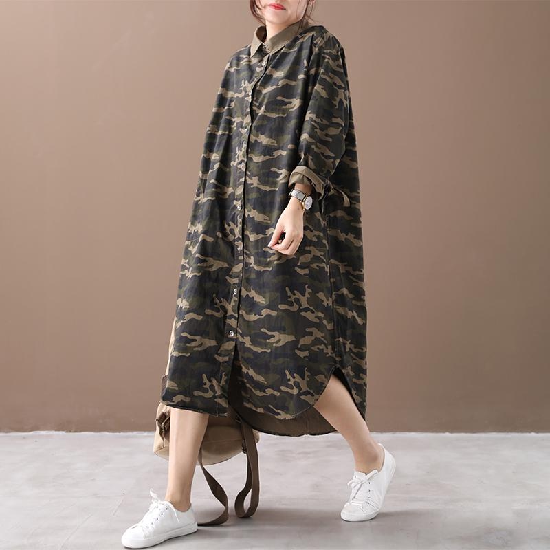 Retro Camouflage Polo Collar Loose Shirt Dress