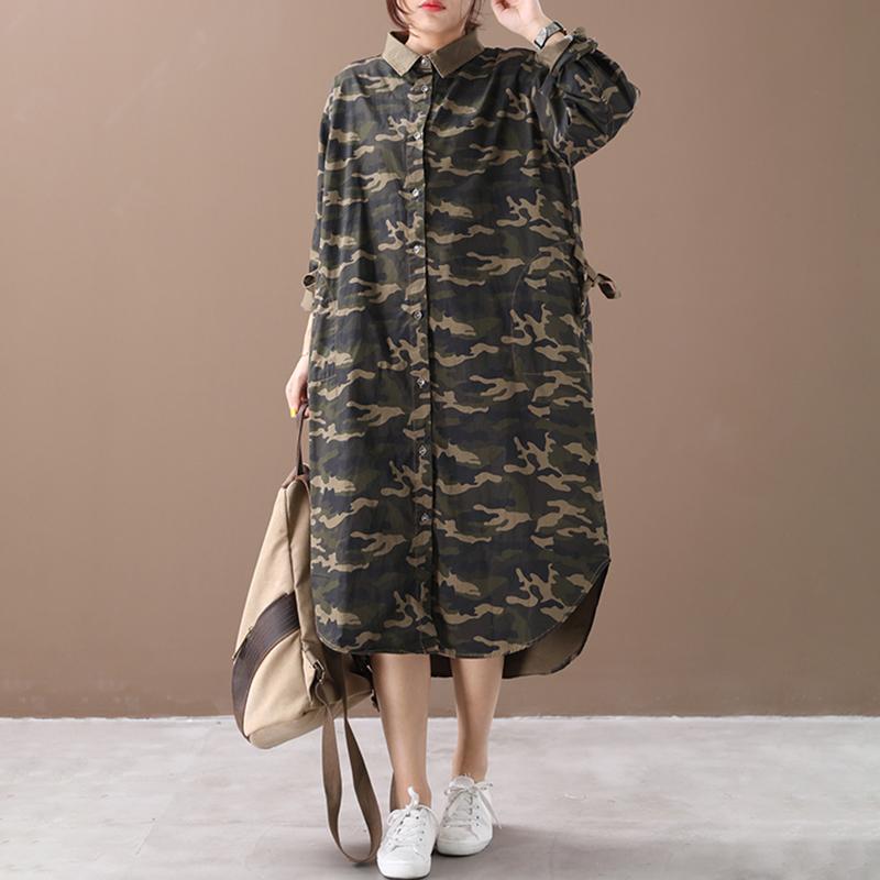 Retro Camouflage Polo Collar Loose Shirt Dress