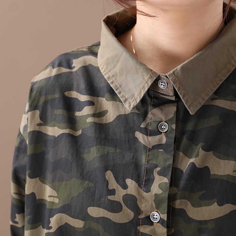 Retro Camouflage Polo Collar Loose Shirt Dress