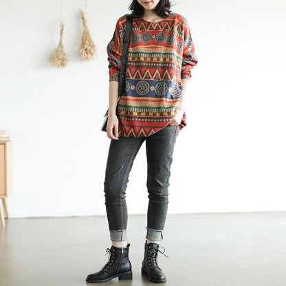 Retro Casual Autumn Printed O-neck Sweater