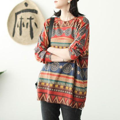 Retro Casual Autumn Printed O-neck Sweater