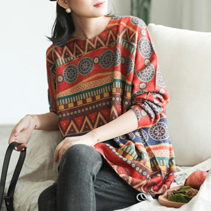 Retro Casual Autumn Printed O-neck Sweater