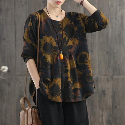 Retro Casual Sunflower Printed Thin Blouse