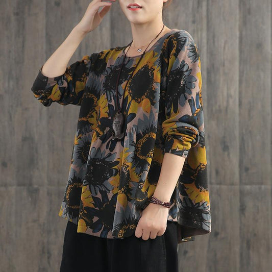 Retro Casual Sunflower Printed Thin Blouse