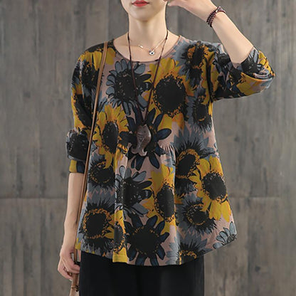 Retro Casual Sunflower Printed Thin Blouse
