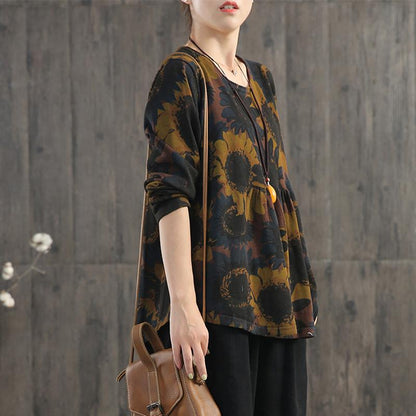 Retro Casual Sunflower Printed Thin Blouse