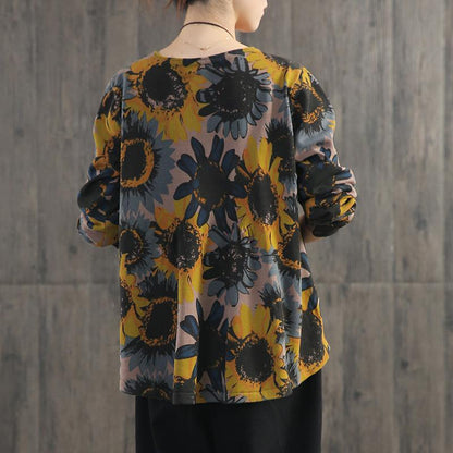 Retro Casual Sunflower Printed Thin Blouse