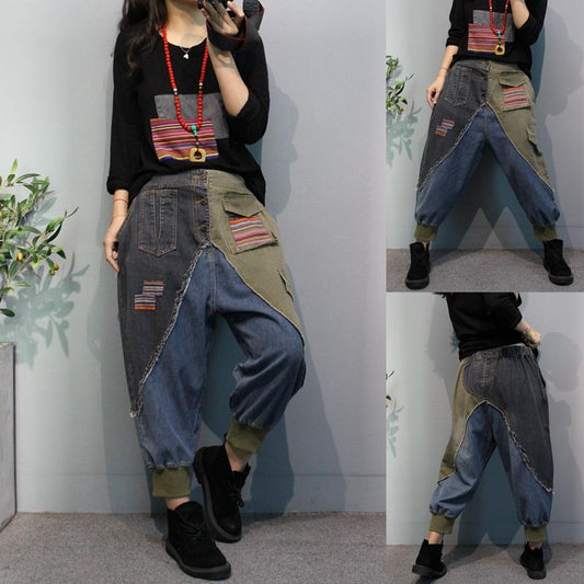 Retro Color Matching Colored Patchwork Harem Jeans