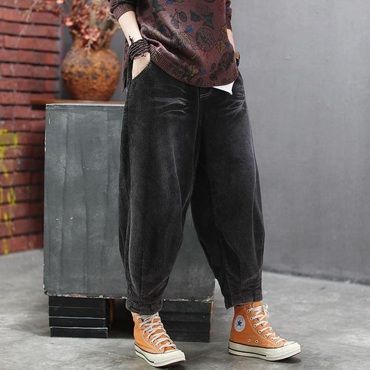 Retro Corduroy Elastic Waist Harem Pants