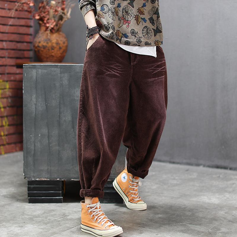 Retro Corduroy Elastic Waist Harem Pants