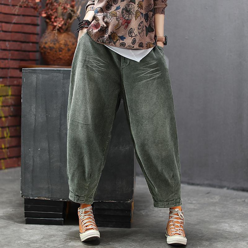 Retro Corduroy Elastic Waist Harem Pants