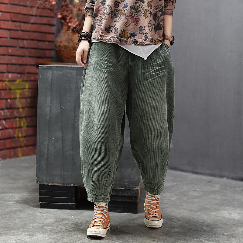 Retro Corduroy Elastic Waist Harem Pants
