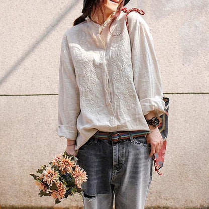 Retro Cotton Embroidered Women Loose Shirt