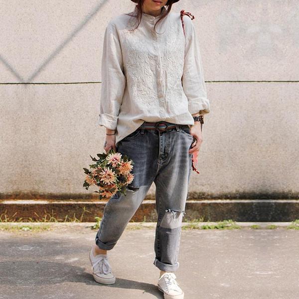 Retro Cotton Embroidered Women Loose Shirt