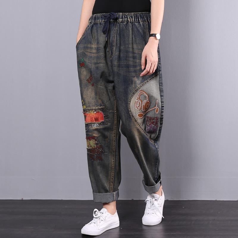 Retro Embroidery Patchwork Women Jeans Plus Size